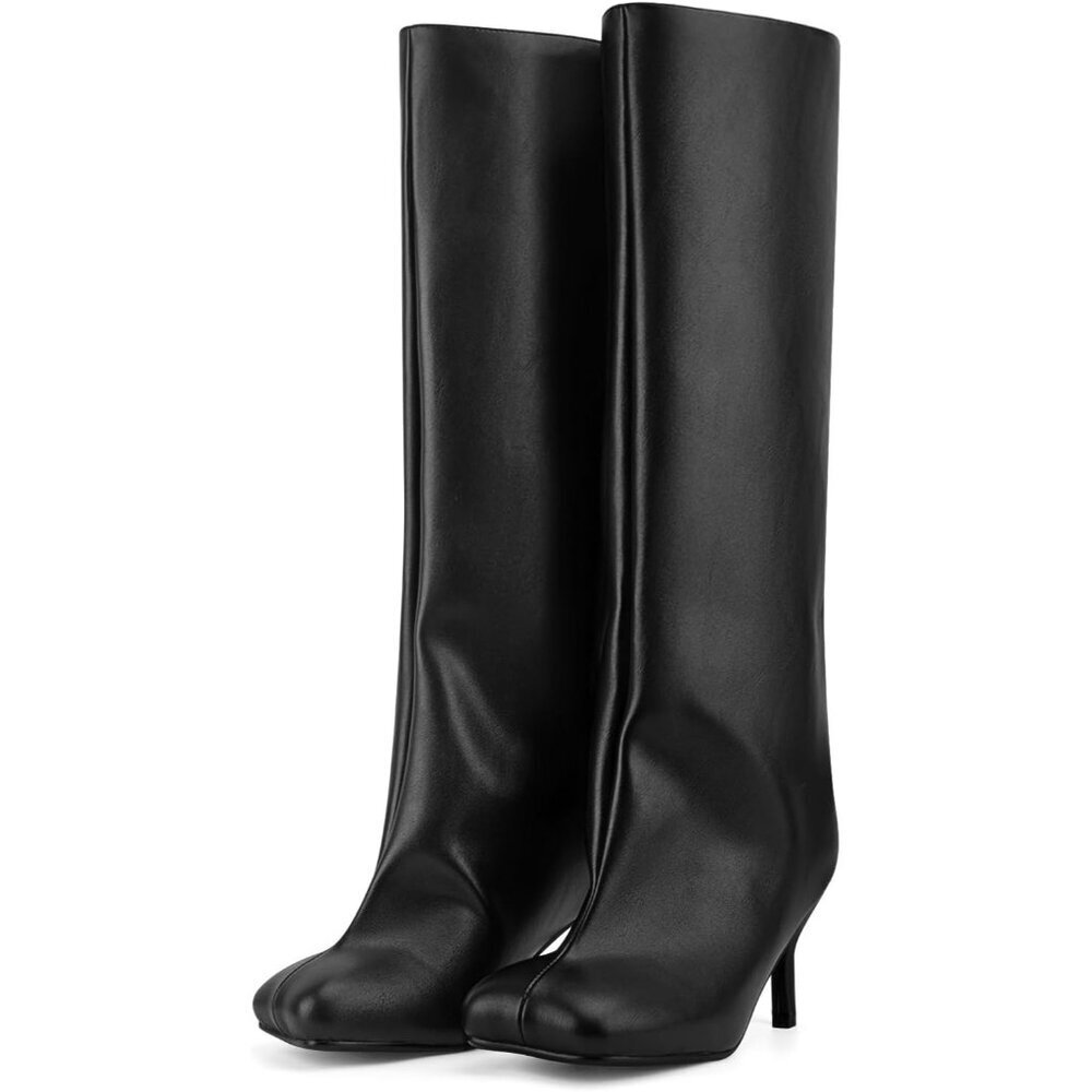 Women's Black Pu Wide Calf Square Toe Stiletto Heels Knee High Suede Boots